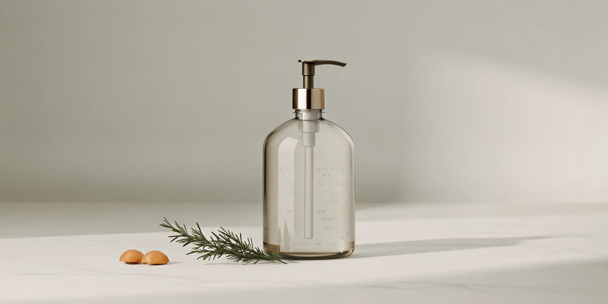 Sleek glass soap dispenser with AEP Scent Mandarin Zest hand soap on a marble bathroom vanity next to rosemary twigs