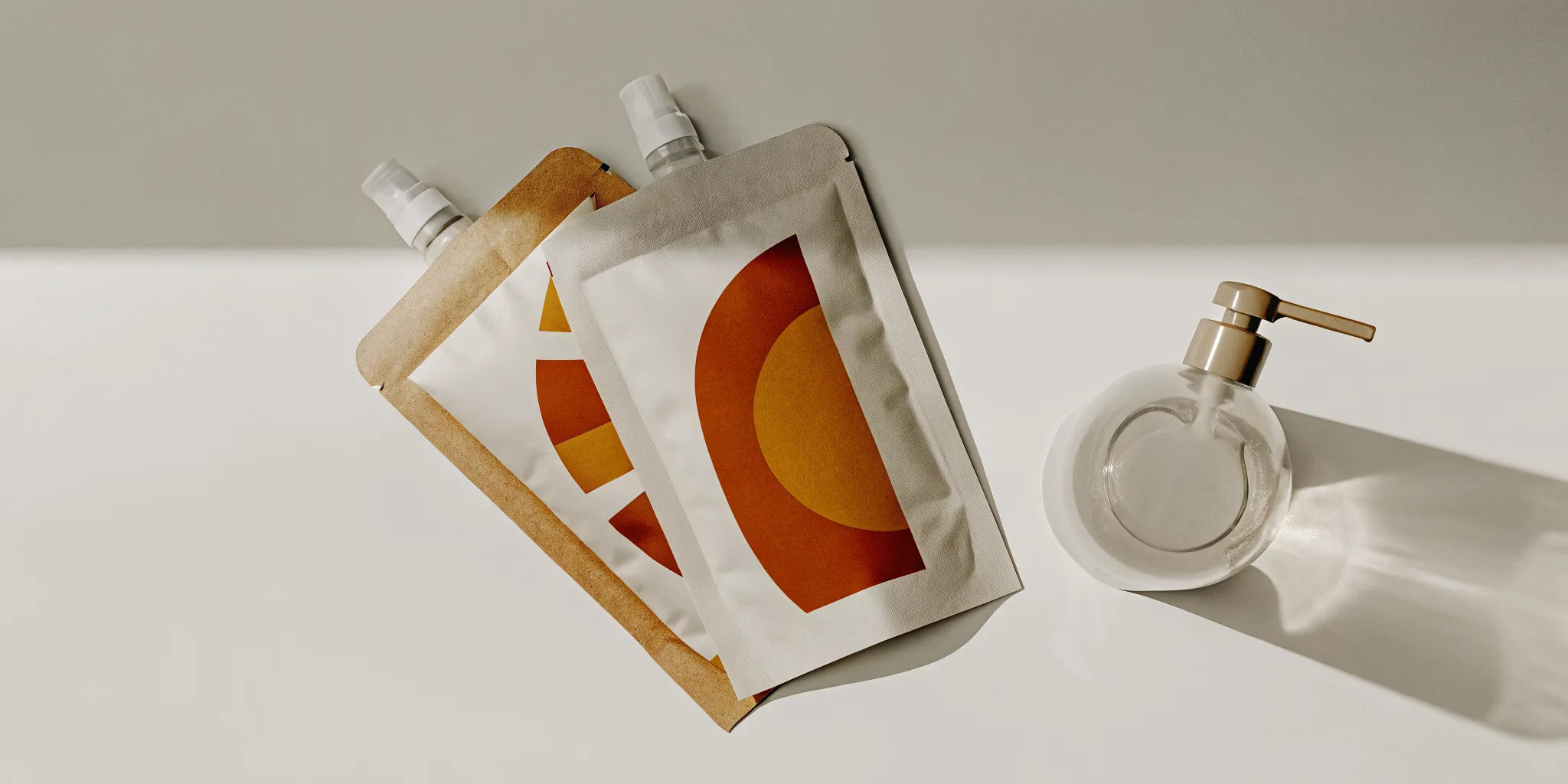 A flat lay of kraft-paper refill pouches beside a reusable soap dispenser on a bathroom counter