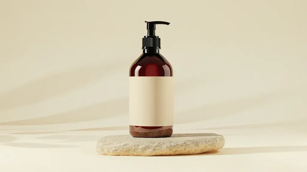Minimalist translucent amber 500ml glass soap dispenser on a natural stone tray next to a modern matte black faucet