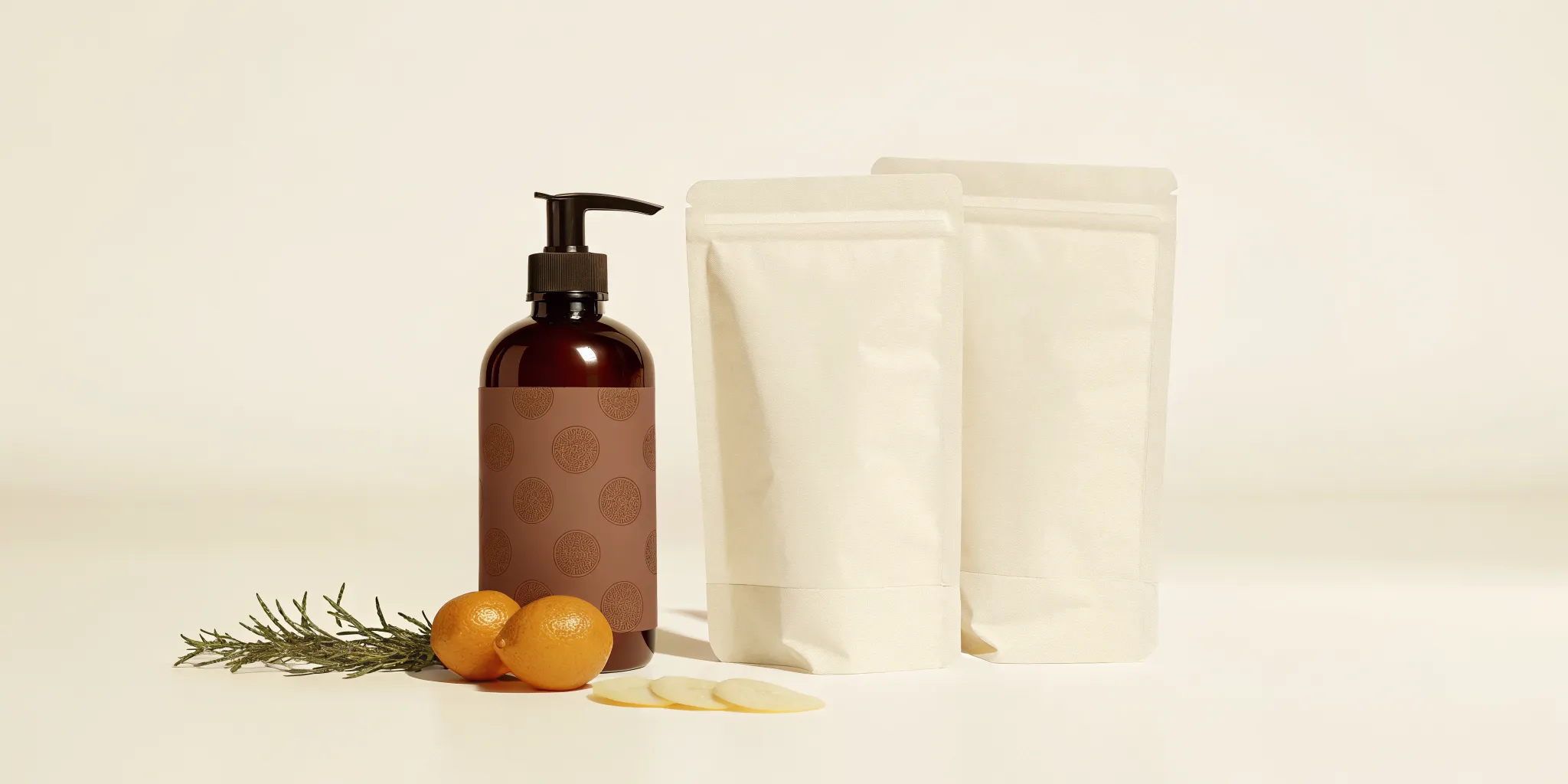 Premium reusable hand soap dispenser with kraft-paper refills and fresh botanicals