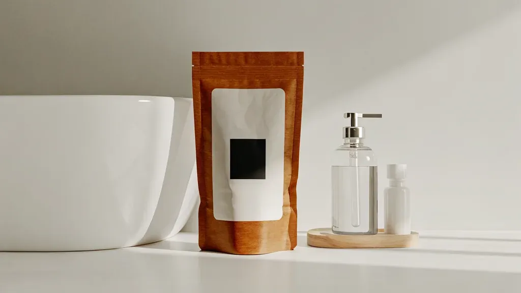 A sustainable kraft-paper refill pouch with a minimalist black label for hand soap sitting on a white oak shelf