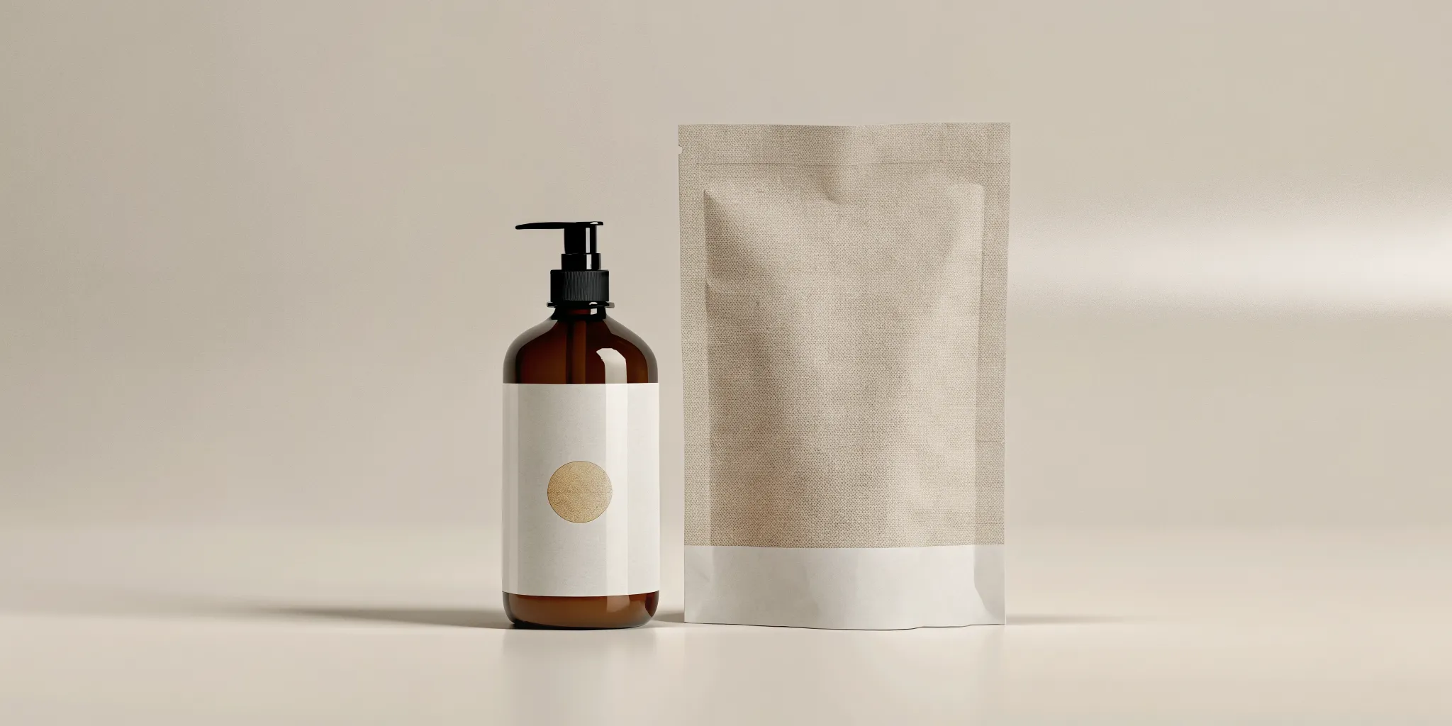 AEP Scent eco-friendly hand soap refill kraft-paper pouch next to reusable amber glass dispenser