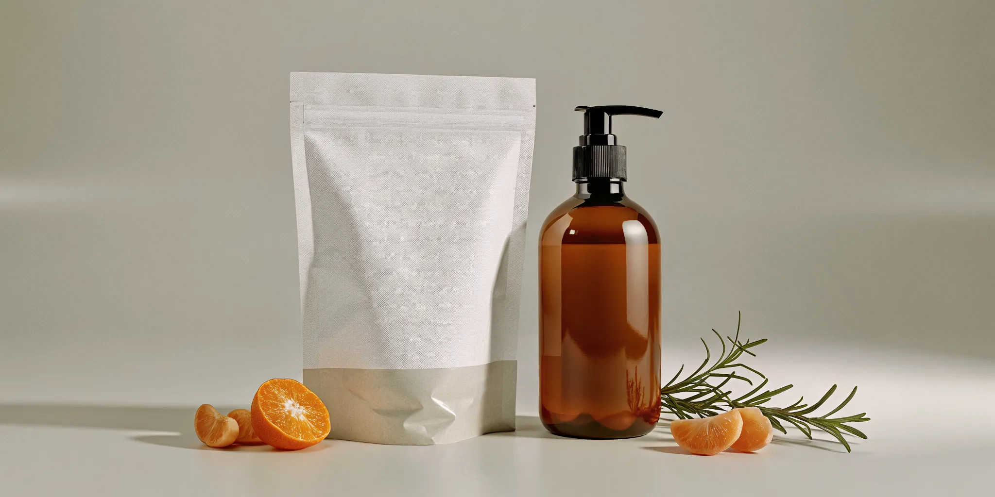 Refillable hand soap dispenser and kraft refill pouch for comparing hand soap vs hand wash
