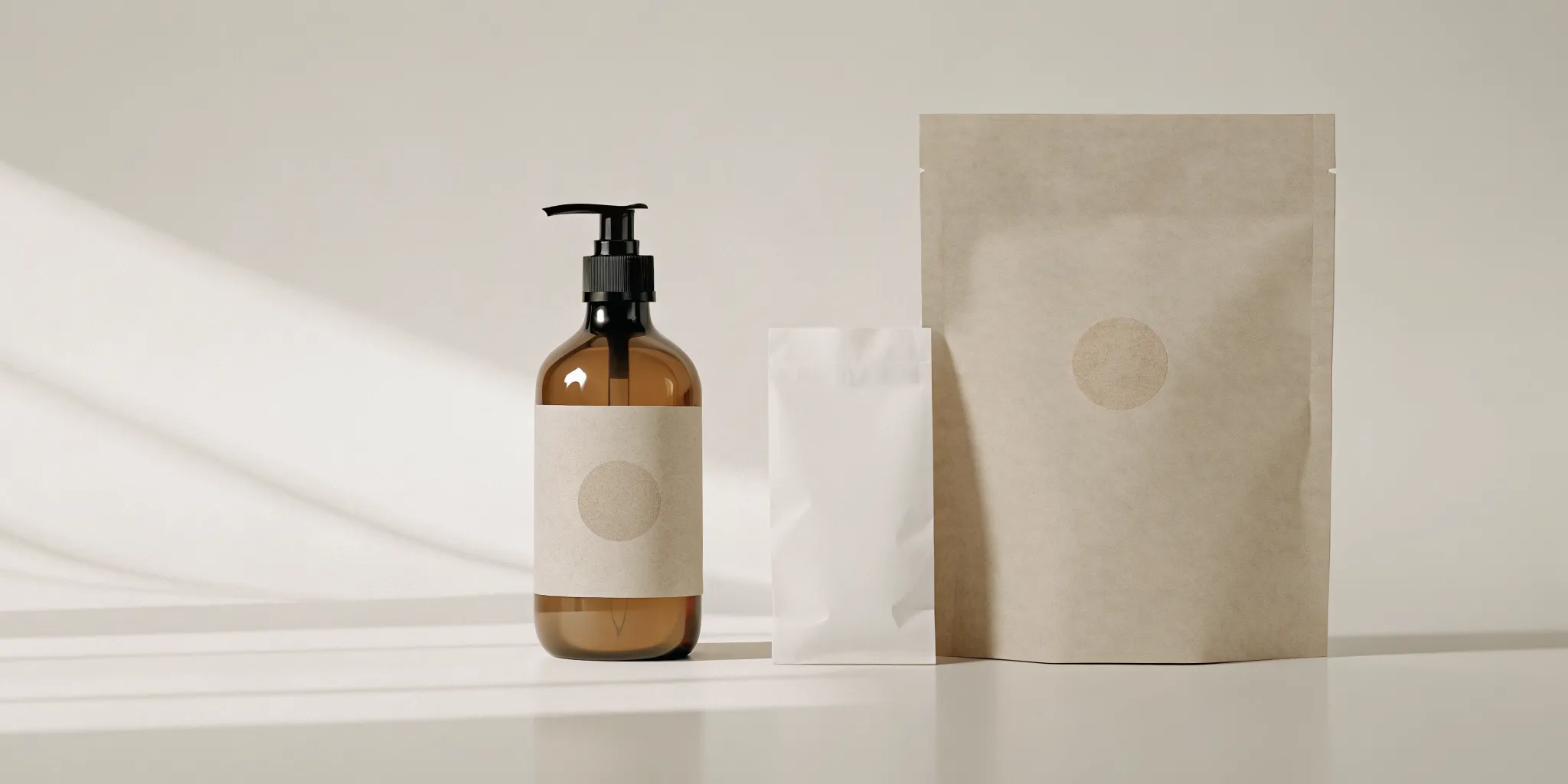 Minimalist bathroom vanity with AEP Scent amber glass dispenser and kraft-paper refill pouch
