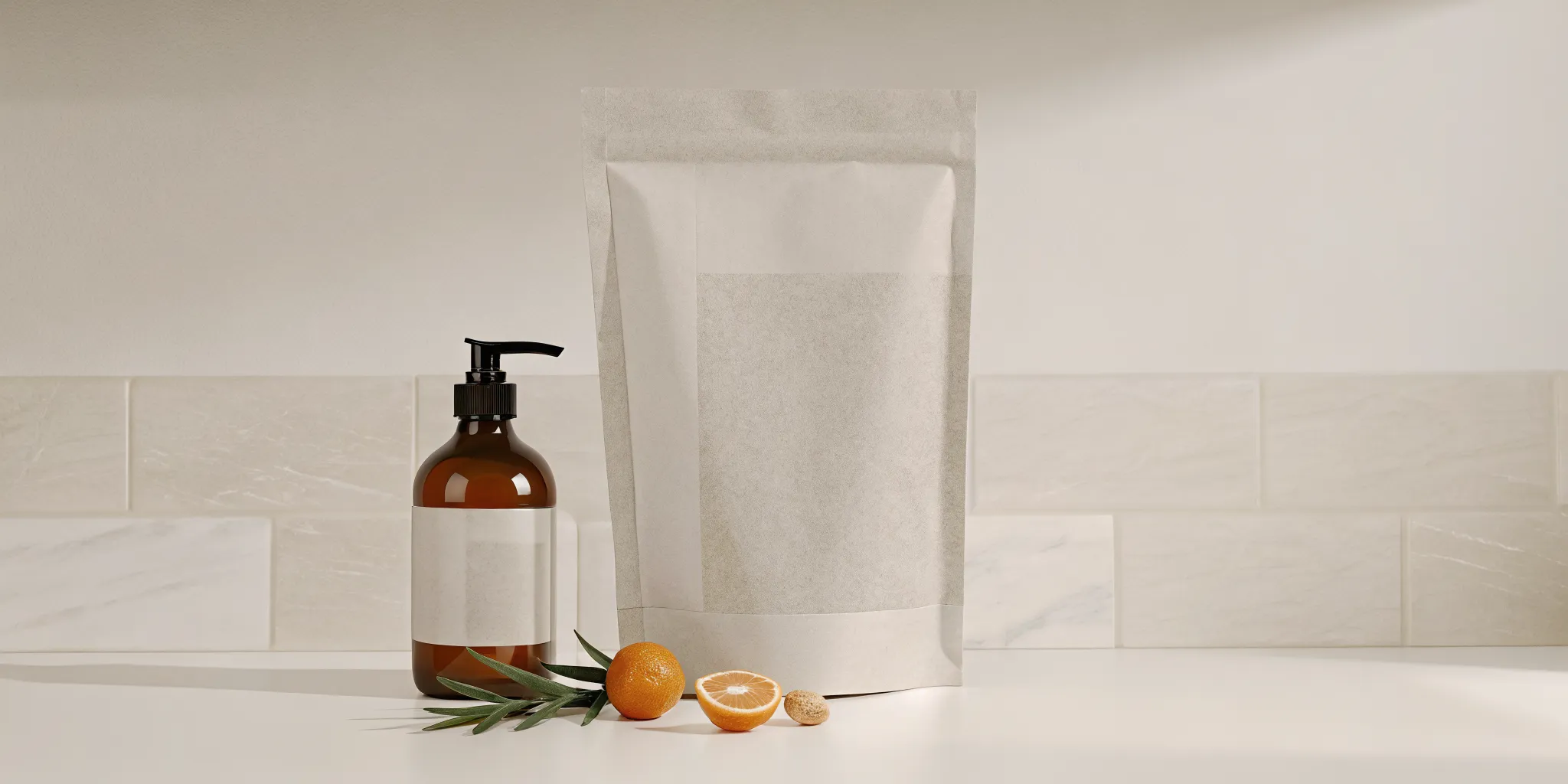 Reusable hand soap dispenser with lower-plastic refill packaging