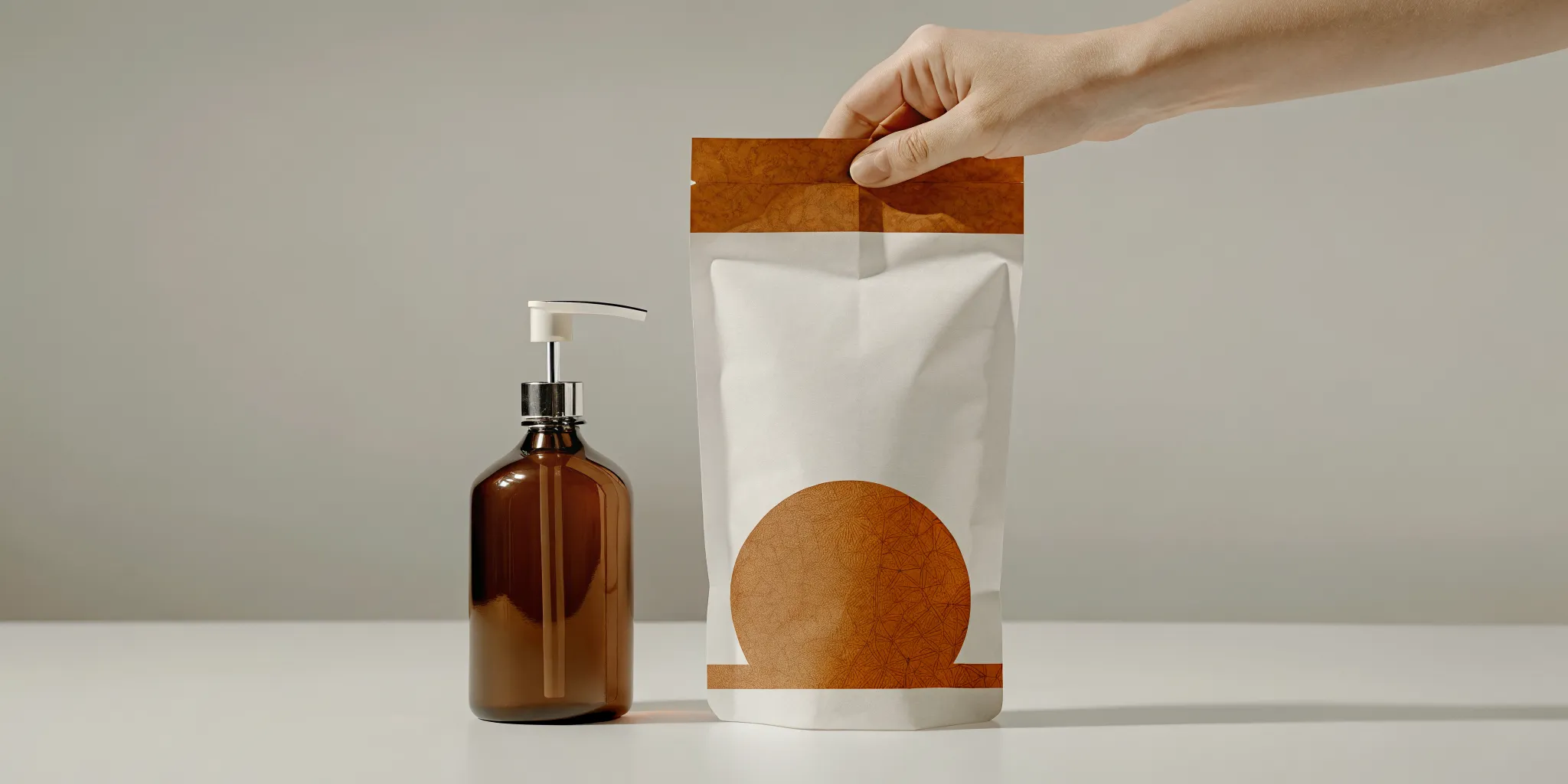 Host refilling a glass soap dispenser from a kraft paper refill pouch on a luxury rental bathroom vanity