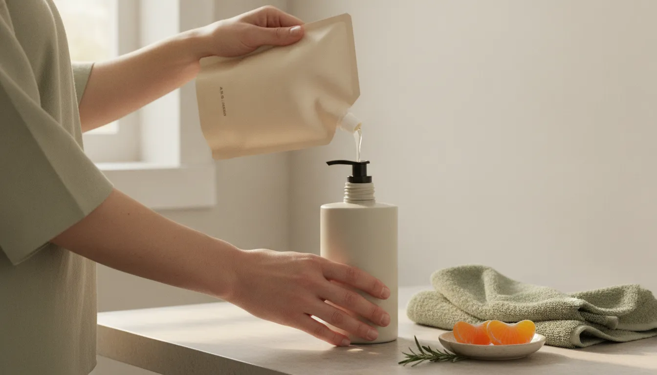 Refill pouch being poured into a reusable body wash dispenser