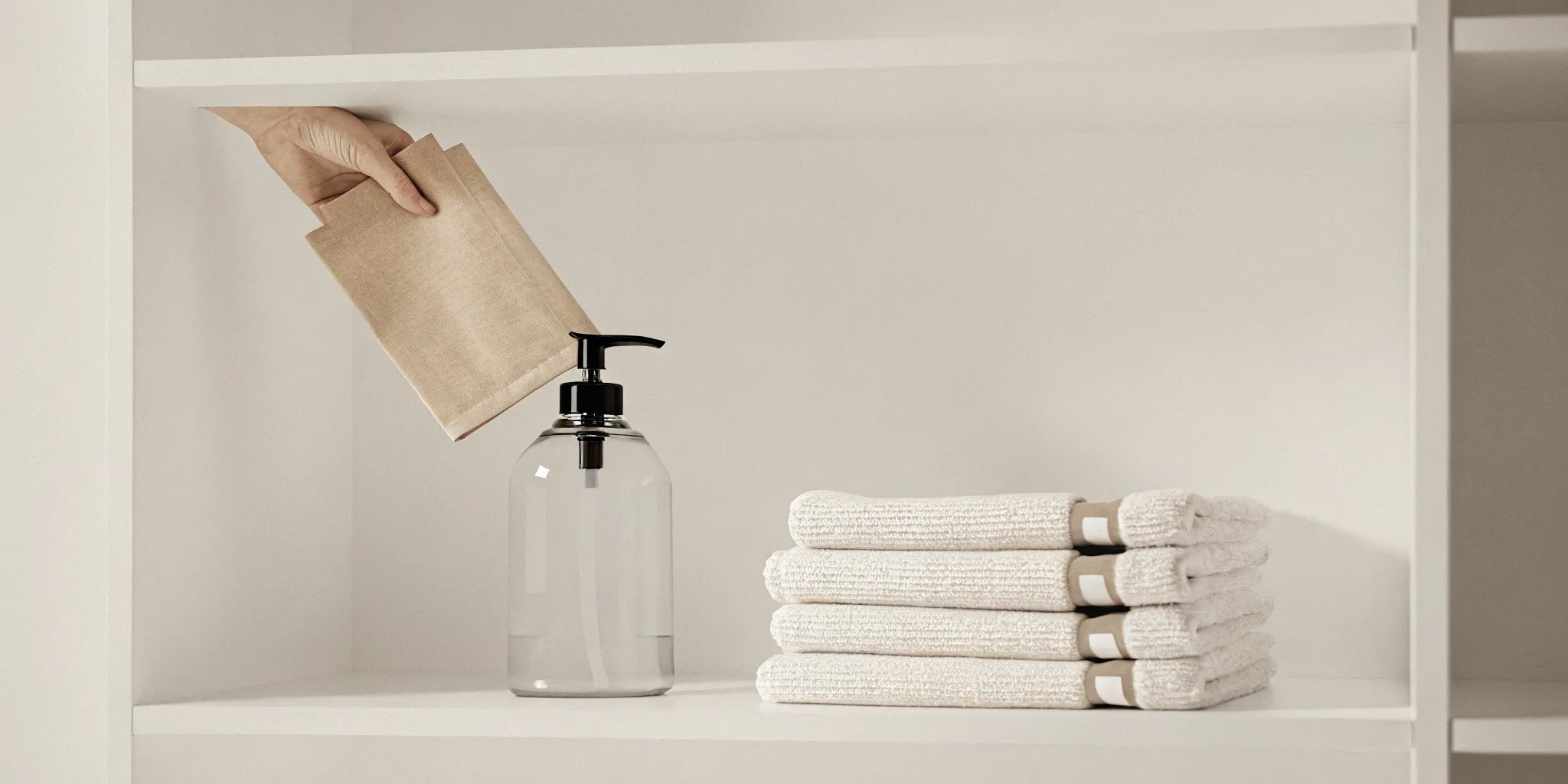 Housekeeping refilling a glass soap dispenser from a kraft-paper refill pouch in a bright vacation rental supply area