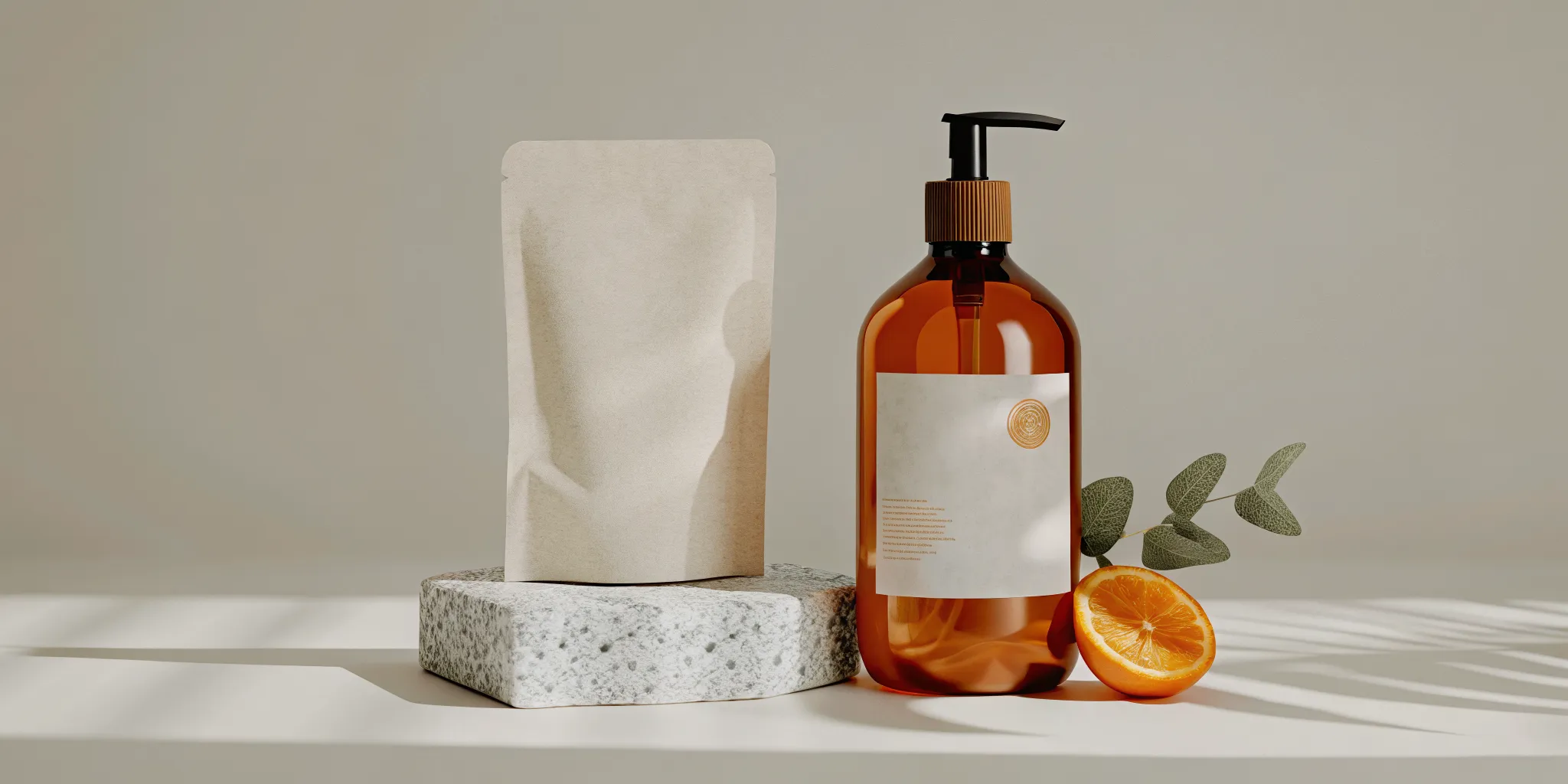 Luxury soap dispenser beside a lower-waste refill pouch