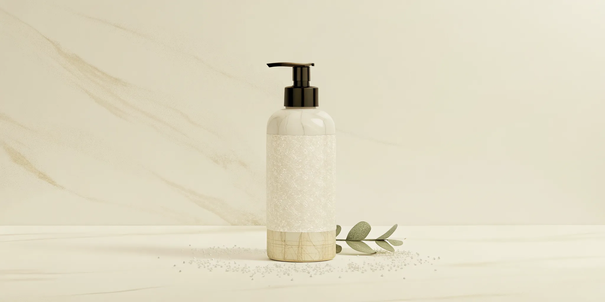 Fresh coastal sage leaves and ambrette seed essential oils on a luxury bathroom vanity