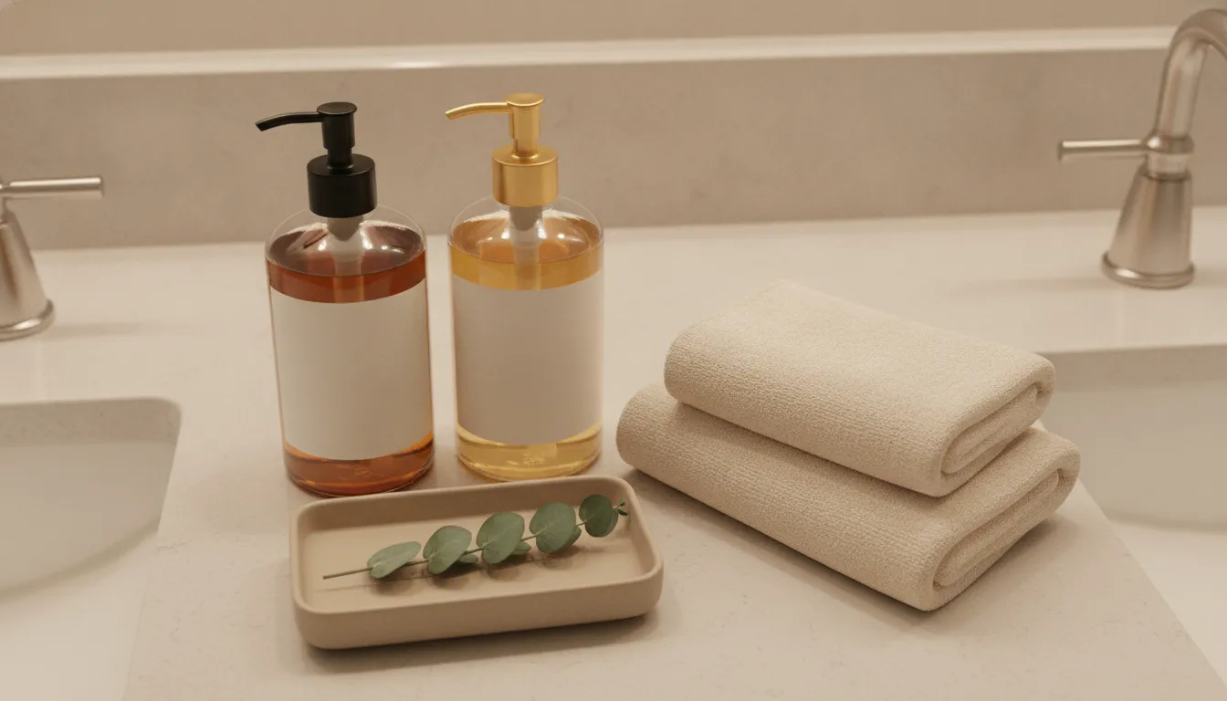 Refillable glass soap bottles and neutral linens arranged for luxury real estate staging bathroom essentials