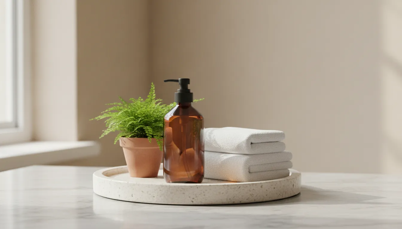 Refillable amber glass soap dispenser styled on a luxury staging bathroom vanity