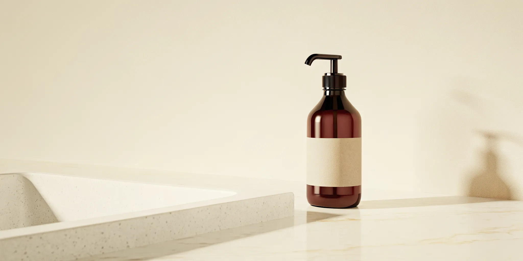 A premium design-focused dark amber glass hand soap bottle with a black pump dispenser sitting on a clean white marble countertop next to a modern bathroom sink