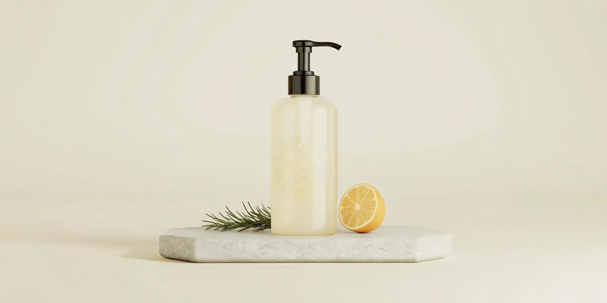 A close-up shot of a translucent amber glass hand soap bottle with a black pump, sitting on a modern stone tray next to a fresh rosemary sprig and sliced mandarin orange