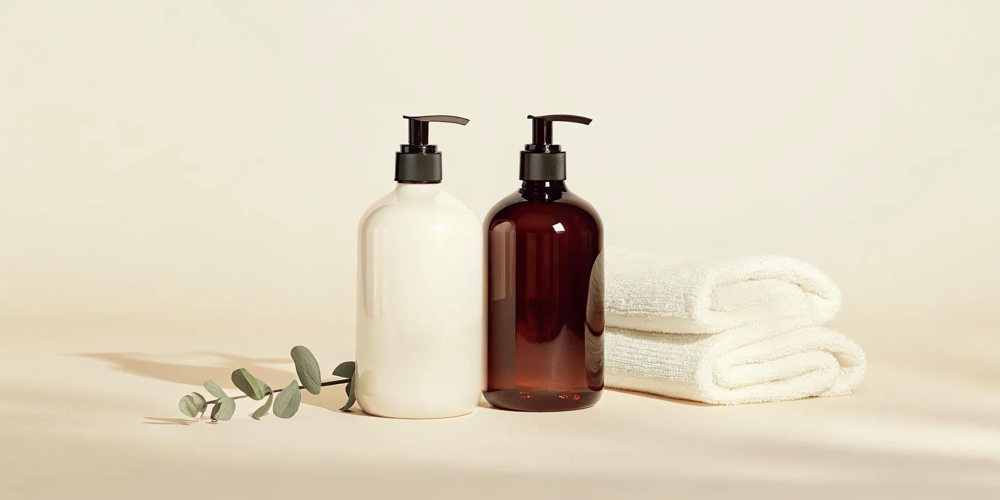 Two ceramic pump bottles of sulfate-free hand soap with fresh eucalyptus on a marble countertop