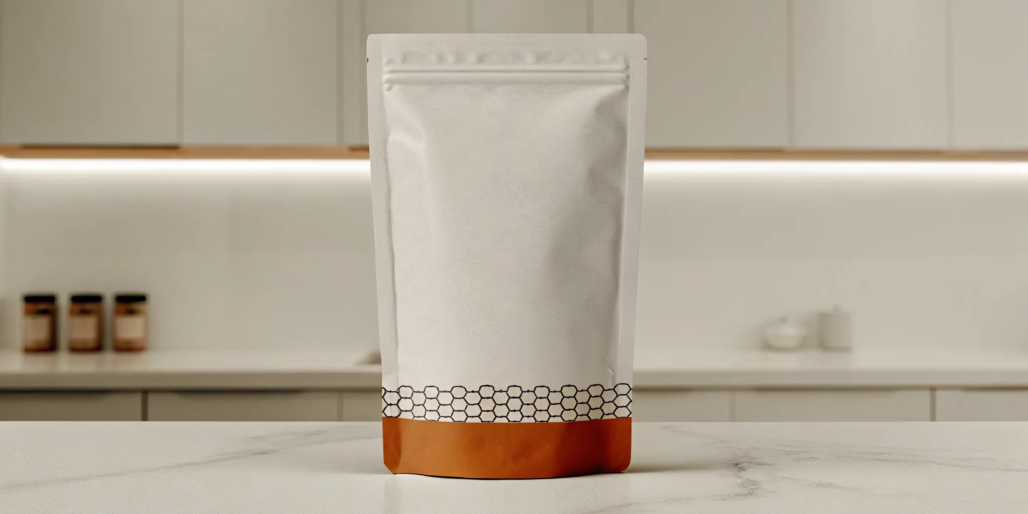 A sustainable minimalist kraft-paper soap refill pouch from AEP Scent sitting on a modern kitchen counter