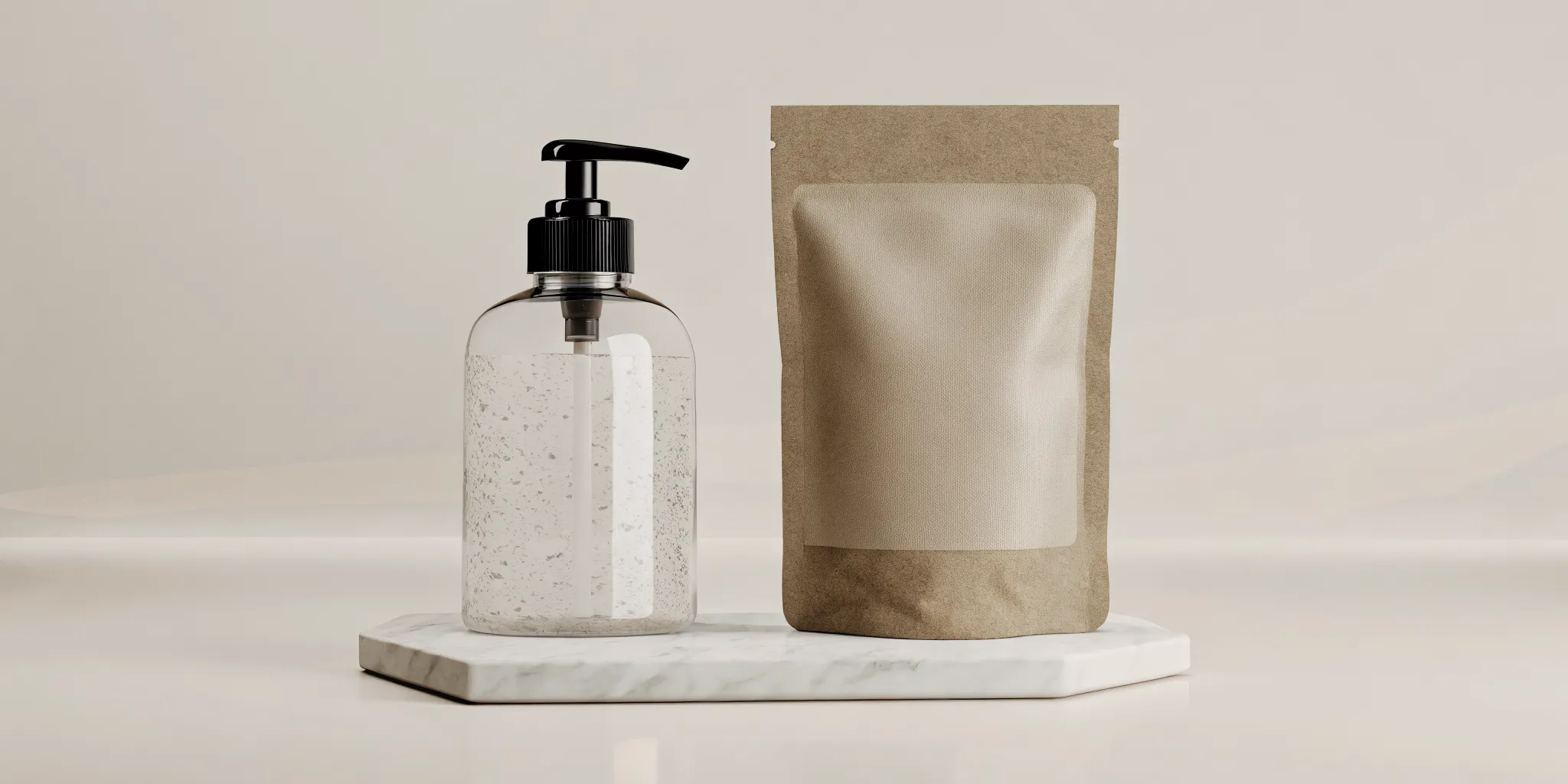 An elegant shot of a kraft-paper refill pouch being poured into a clear glass soap dispenser with a black pump