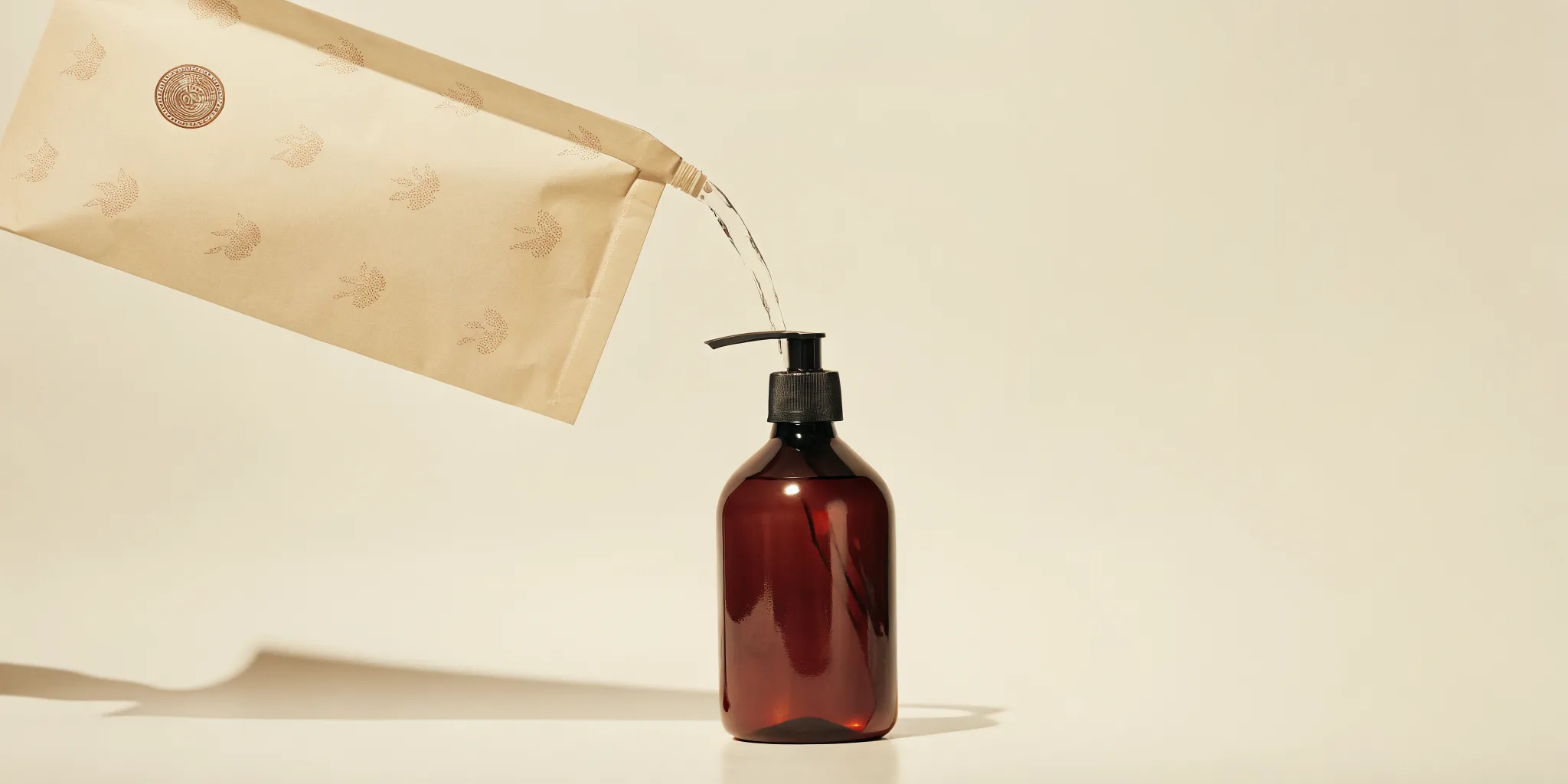 Pouring a hand soap refill pouch into a reusable dispenser