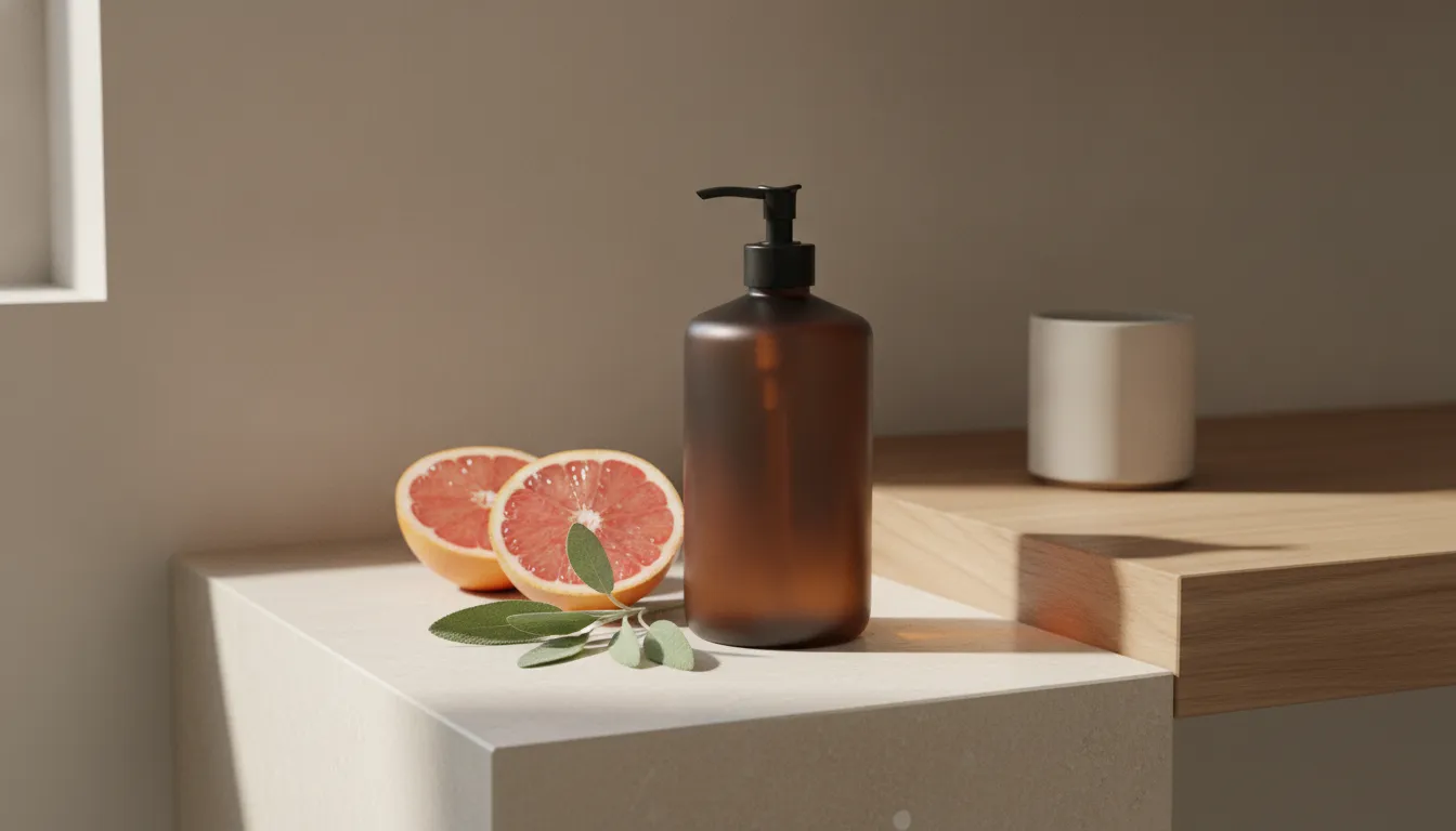 Grapefruit and sage beside a refined body wash dispenser in a bathroom