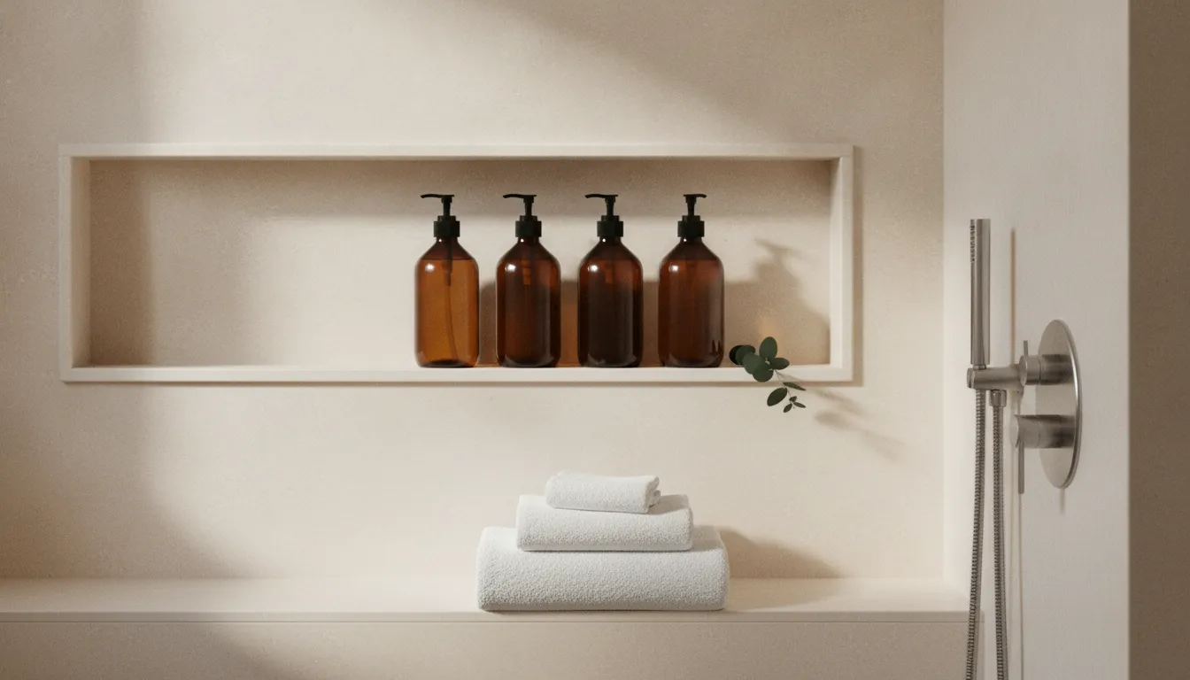 Reusable body wash dispensers arranged in a boutique hospitality bathroom