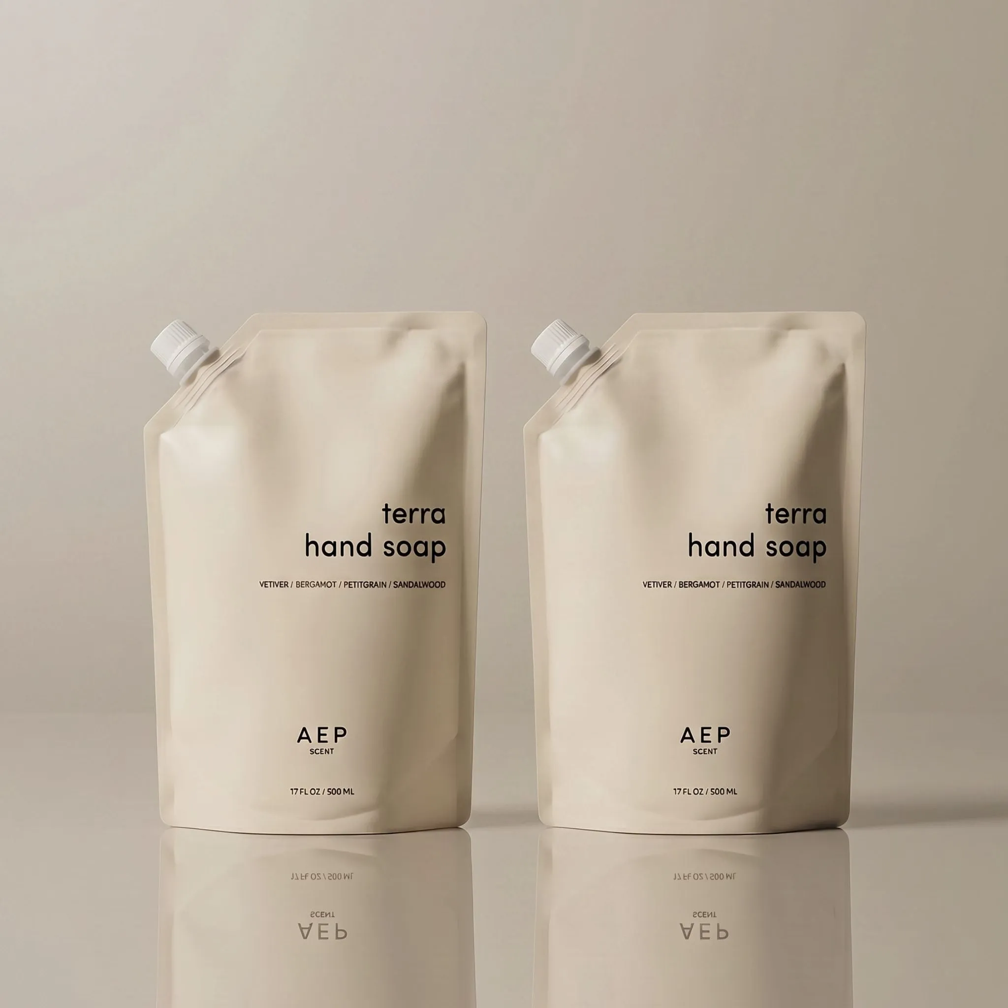 AEP Scent kraft-paper hand soap refill pouches for powder rooms and hospitality spaces