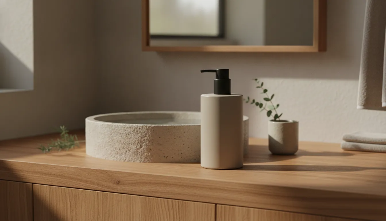 Terra vetiver sandalwood hand soap beside a stone powder room basin