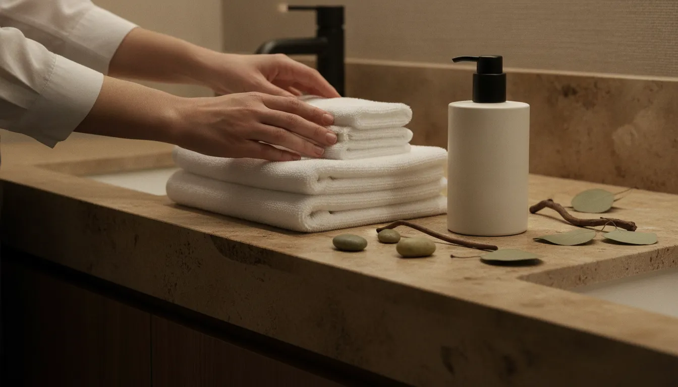 Laminated-paper Terra hand soap refill pouch in a boutique hotel bathroom