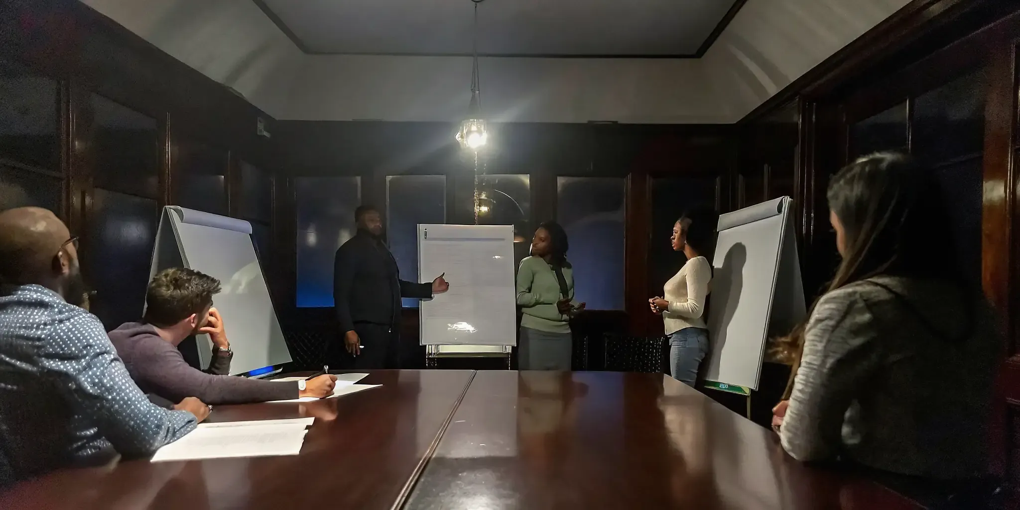 Leadership team using debrief questions around a conference table