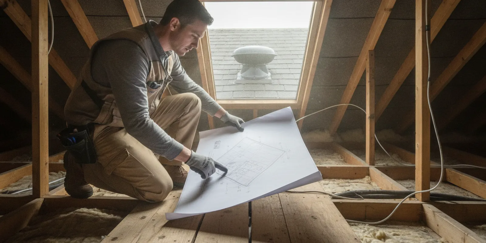 Contractor reviewing an attic ventilation plan beside a roof-mounted solar attic fan
