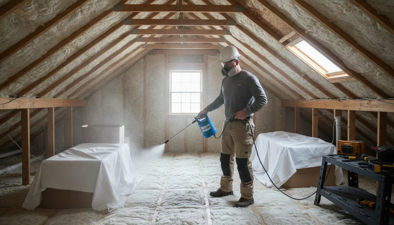 Contractor applying an attic odor treatment with a pump sprayer