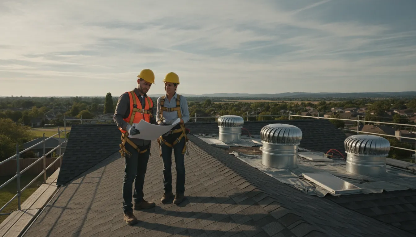 Roofing contractors reviewing a solar attic fan installation at a shingle-roof worksite