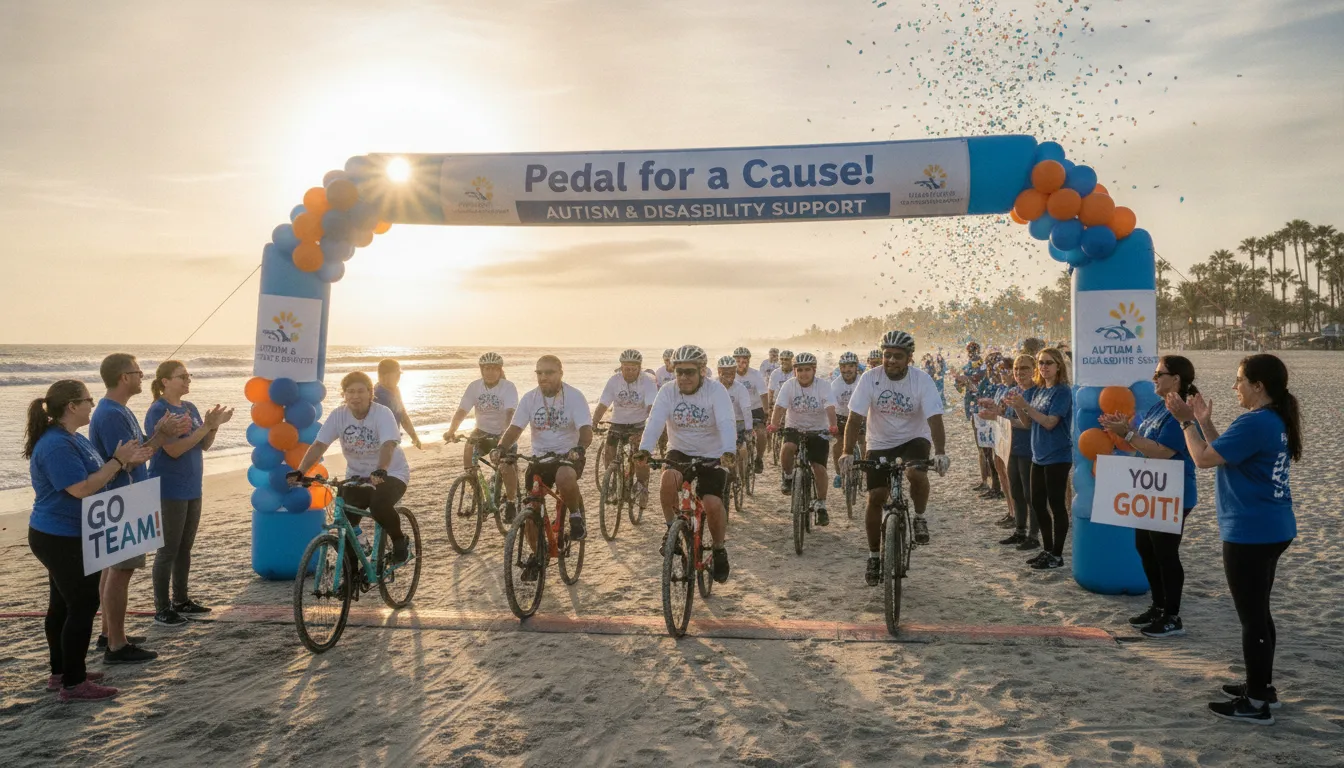 Autism charity bike ride participants cycling together toward a beach finish