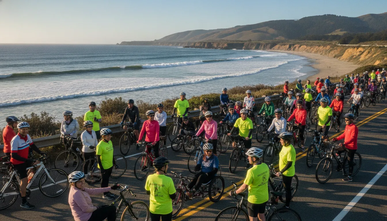 Inclusive charity cyclists and volunteers supporting autism awareness month activities