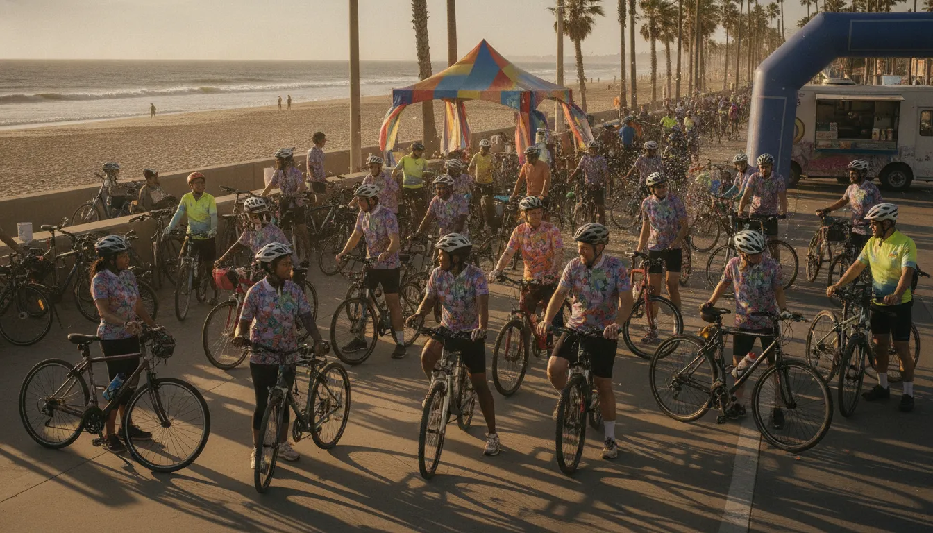 Coworkers preparing for a workplace giving charity ride with Bike to the Beach
