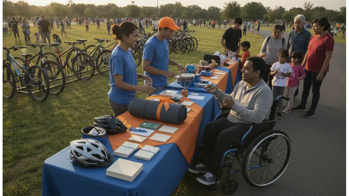 Accessible charity auction display with local experiences and community volunteers