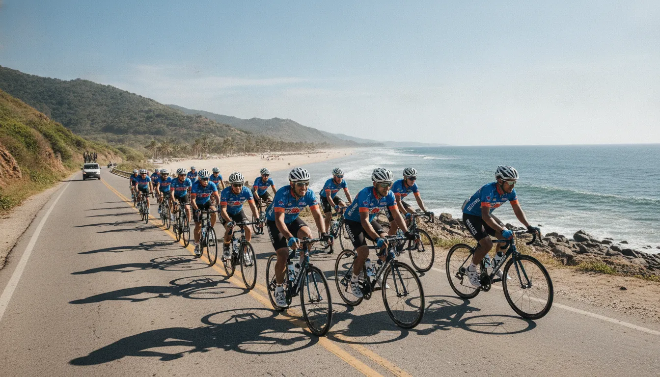 Cyclists riding together on a supported charity bike ride toward the beach