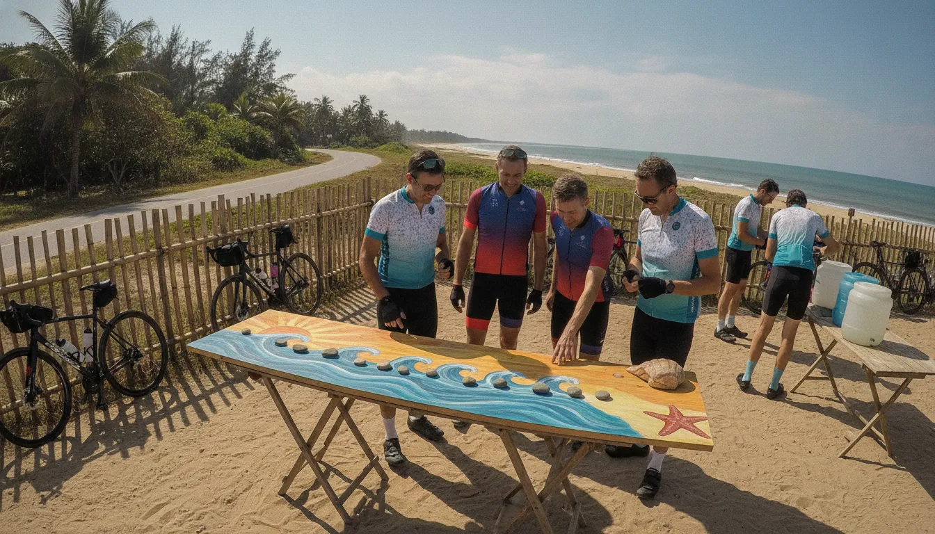 Rider and team reviewing charity ride matching challenge progress