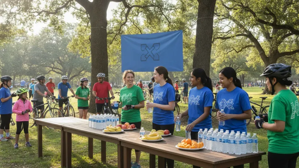 Employees and charity ride volunteers reviewing community impact together