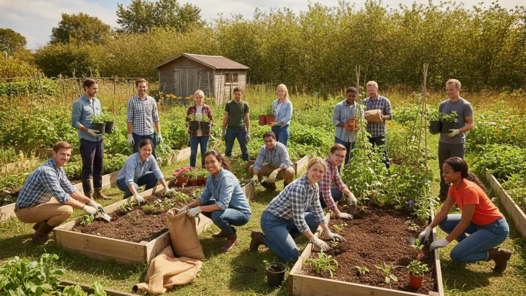 Employees and nonprofit volunteers working together on a local community project