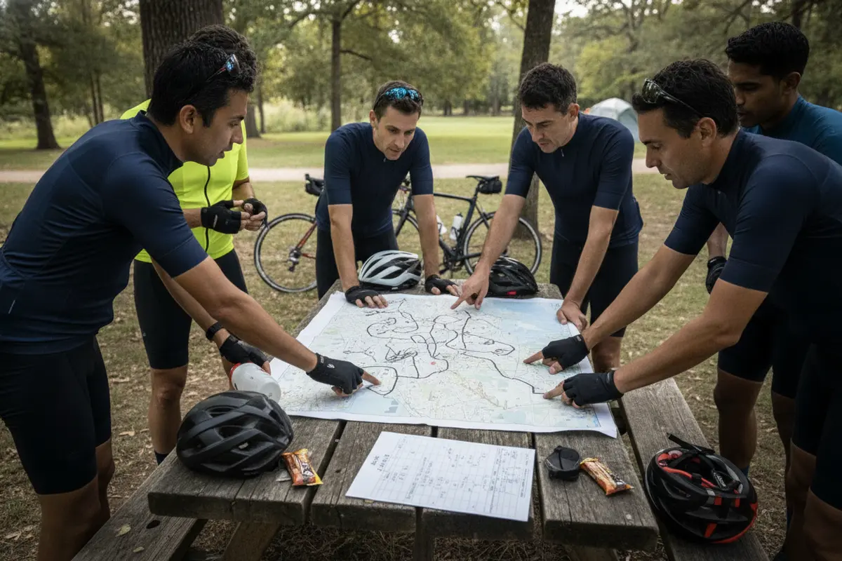 Cycling teammates reviewing a route and relay schedule together