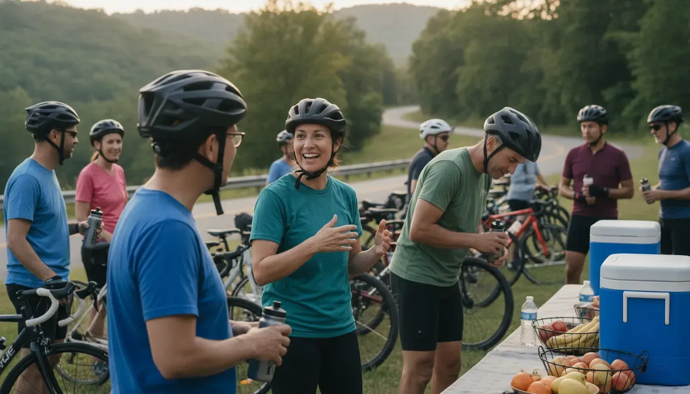 Cyclists and nonprofit partners building community relationships at a charity ride rest stop