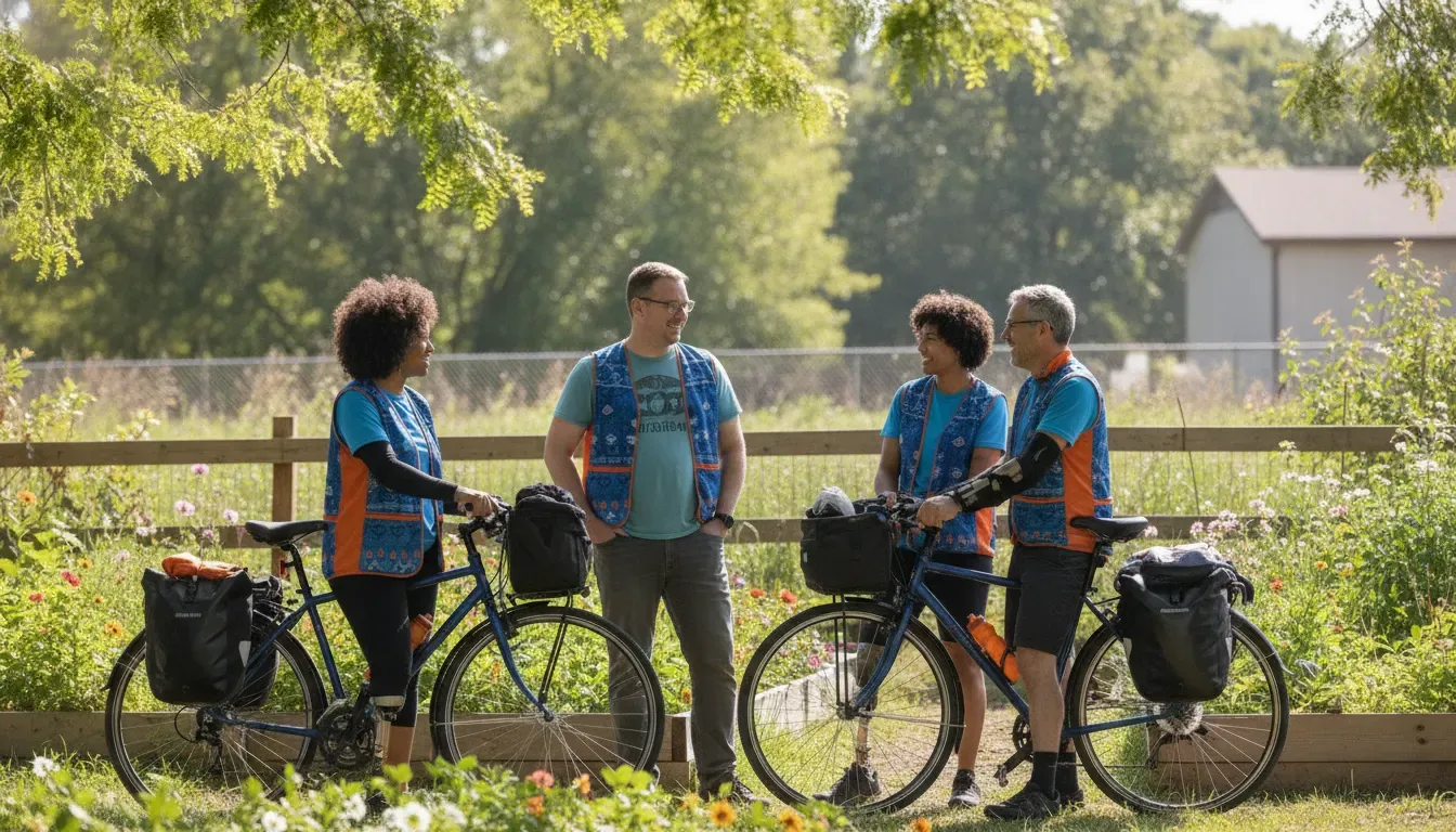 Nonprofit partners and cyclists discussing donor stewardship and local impact