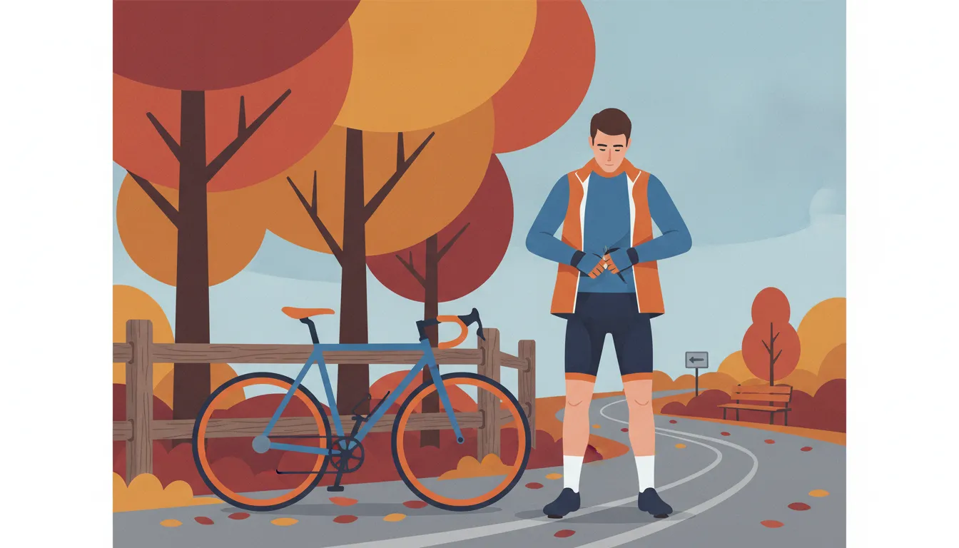 Cyclist adjusting removable layers at a New England fall rest stop