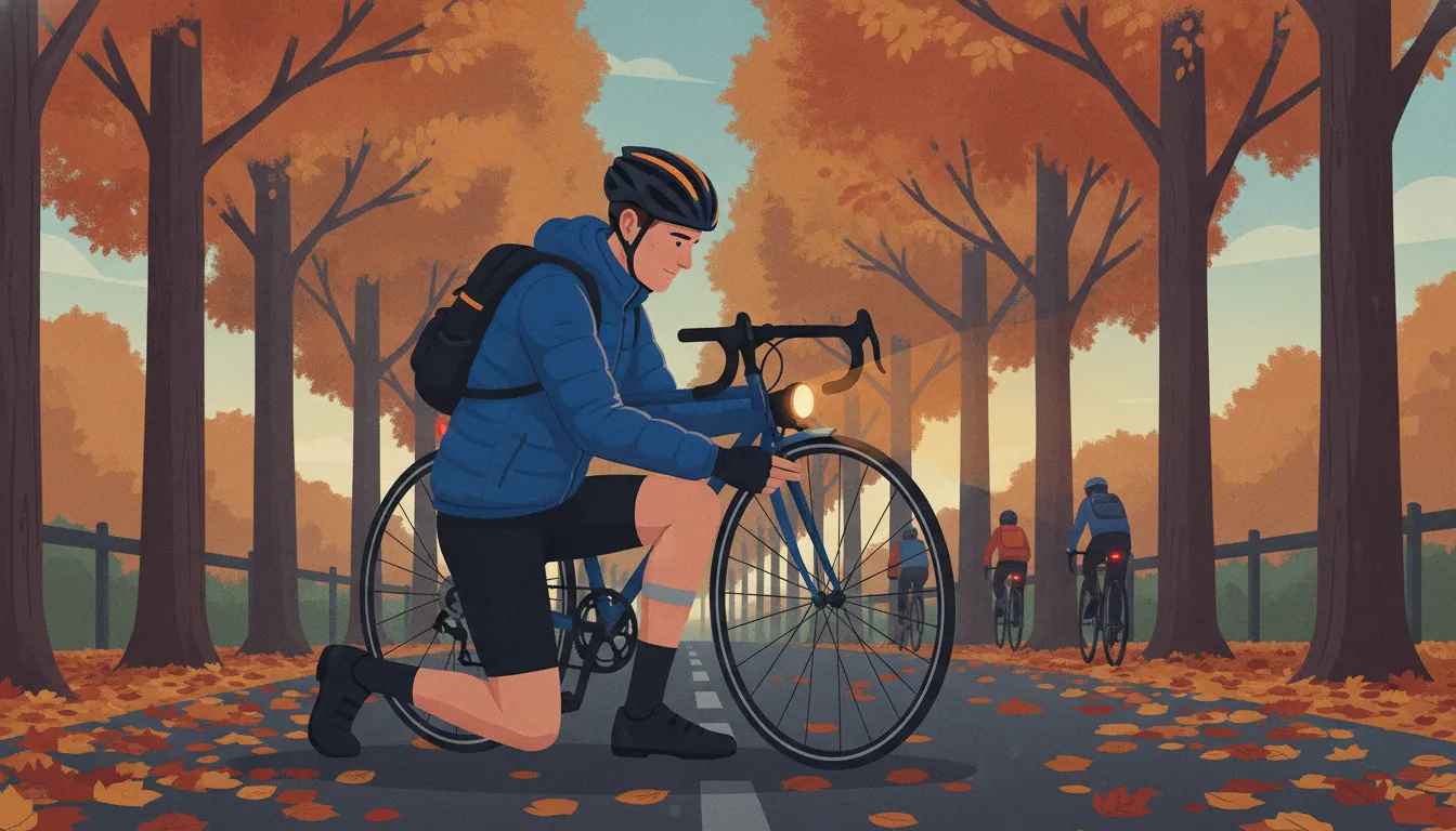 Cyclist checking lights and reflective gear before an early charity ride