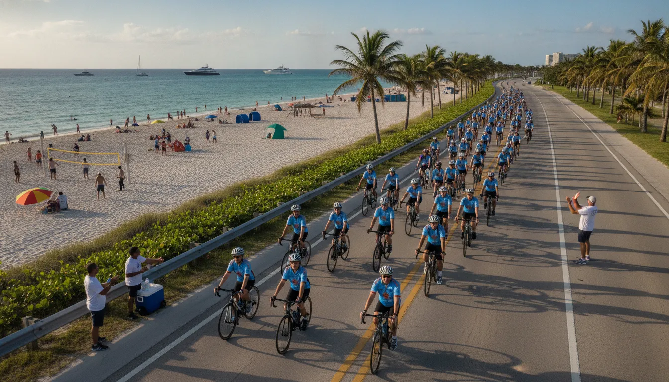 Cyclists taking part in a supported Florida charity bike ride near the South Florida coast