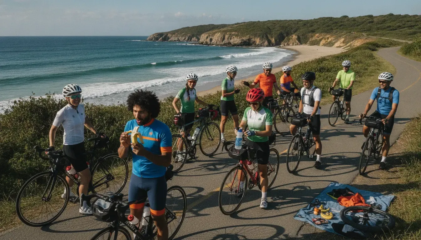 Charity cyclists practice cycling nutrition for long rides at a coastal rest stop