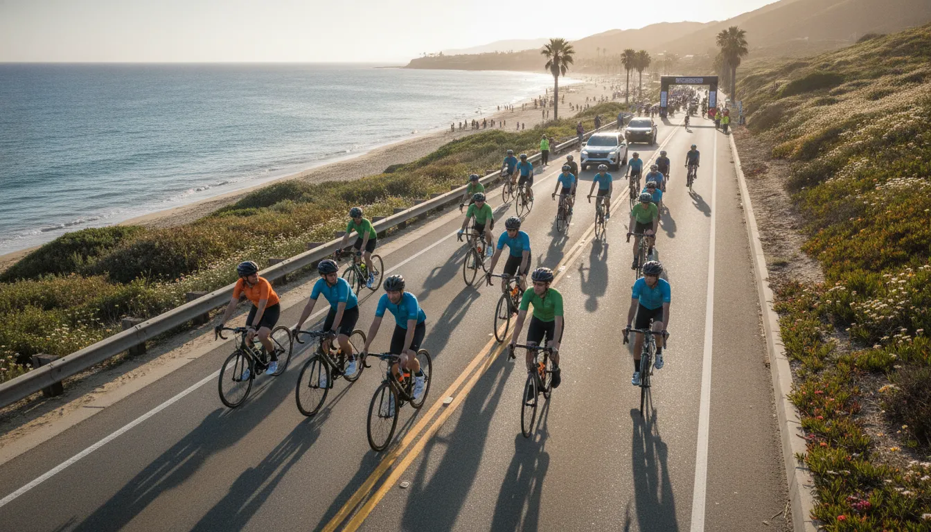 Employees supporting one another during a community charity bike ride