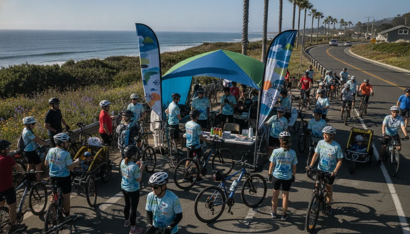 Cyclists and families gathering at a bright community charity ride