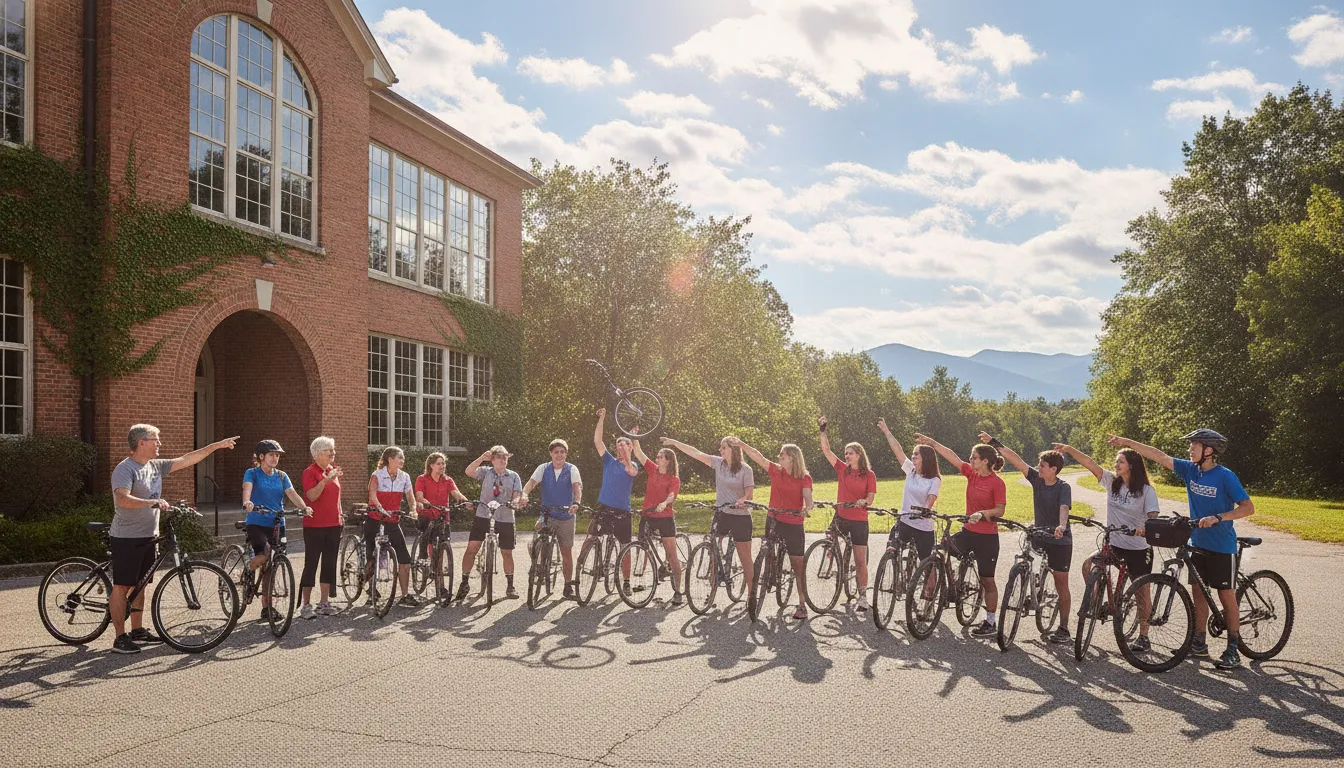 Students and community members participating together in an inclusive charity bike event