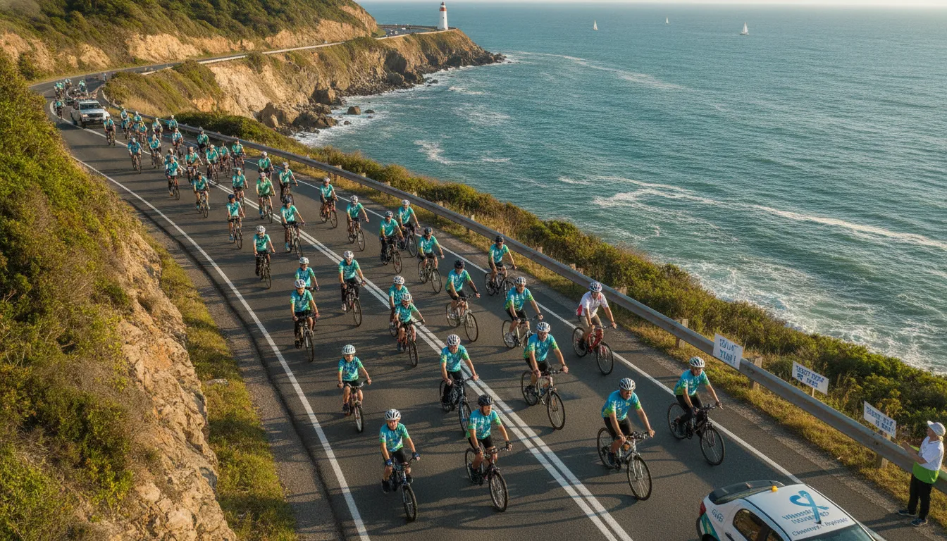 Diverse cyclists of all ages riding together on a coastal road during an inclusive charity bike ride